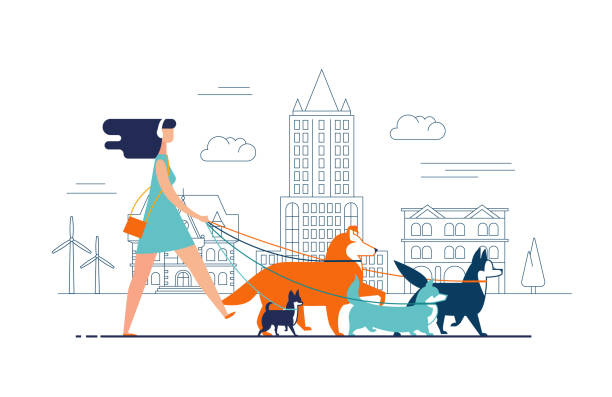 ドレスとヘッドフォンを身に着けている少女は、背景にある建物に対して都市通りに沿ってリーシュで犬を歩きます。女性の漫画のキャラクターの遊歩道や繁華街で彼女の家畜と散歩。 - 犬　少女点のイラスト素材／クリップアート素材／マンガ素材／アイコン素材