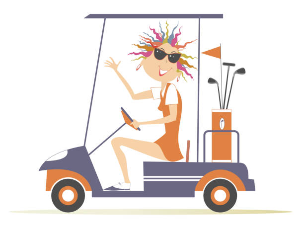 bildbanksillustrationer, clip art samt tecknat material och ikoner med ung golfare kvinna rida på golfbil bil illustration - electric car woman