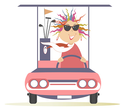 Young golfer woman ride on the golf cart car illustration