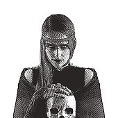 Engraving vector of a Young Goth woman holding skull