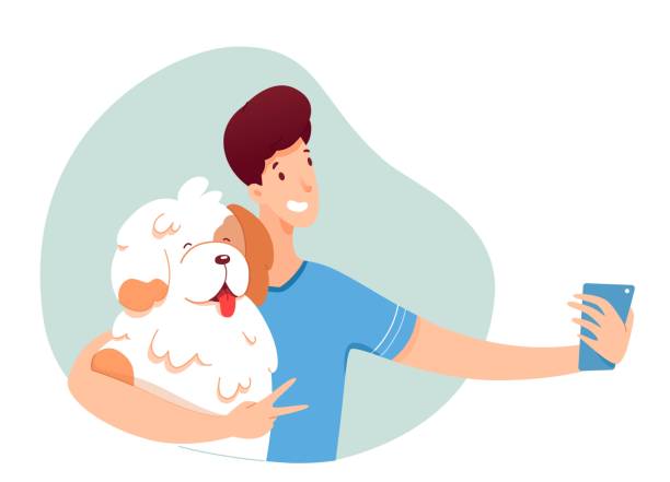 Young guy making selfie with his dog Young guy making selfie with his dog. Smiling man is photographed with pet, make photo on smartphone camera. Vector character illustration of hobby photography, memory, social network, lifestyle animal photography stock illustrations