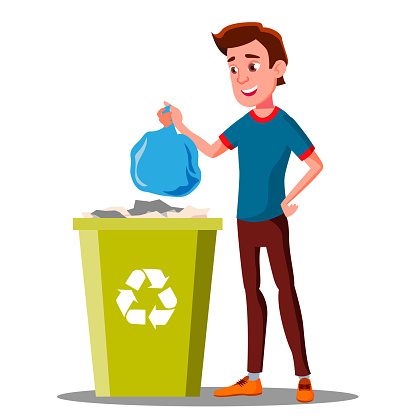 Young Guy Throwing Trash Bags Into Container Vector. Isolated Illustration