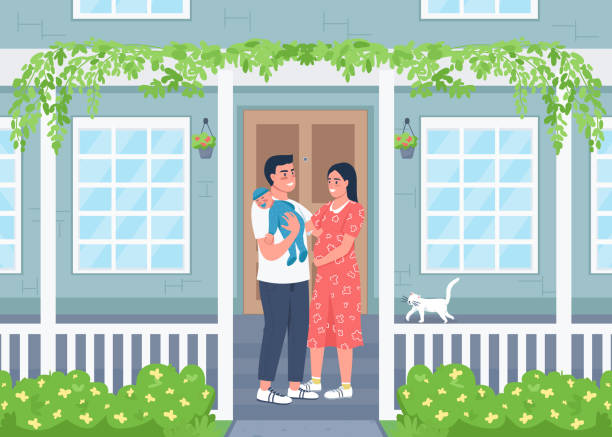 stockillustraties, clipart, cartoons en iconen met jonge gelukkige familie buiten nieuwe huis vlakke kleur vectorillustratie - pregnant couple outside