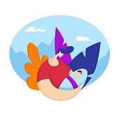 Young happy father holds baby in his arms. Vector illustration in flat style