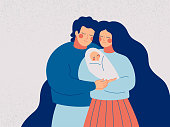 Young happy couple embracing their newborn with care and love. Father and mother with infant on the hands. Family and baby care vector concept.