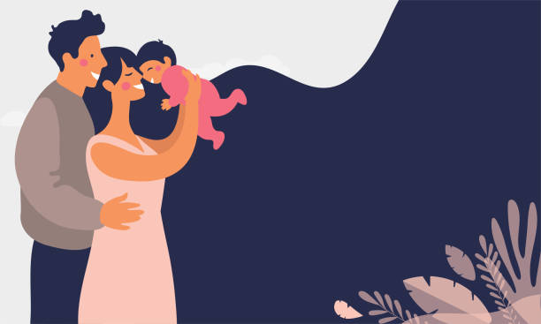 Young happy parents play with a baby. Daddy smiles at his son and hugs his wife. Mom holds daughter in her arms. Modern family. Flat vector illustration. Young happy parents play with a baby. Daddy smiles at his son and hugs his wife. Mom holds daughter in her arms. Modern family. Flat vector illustration mother backgrounds stock illustrations