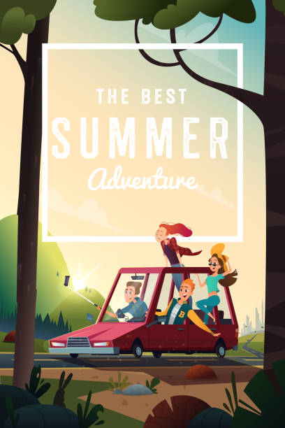 Young happy people going by a car from the city to the nature. Student vacation concept. Beautiful summer landscape. Young happy people going by a car from the city to the nature. Student vacation concept. Beautiful summer landscape teen driving stock illustrations