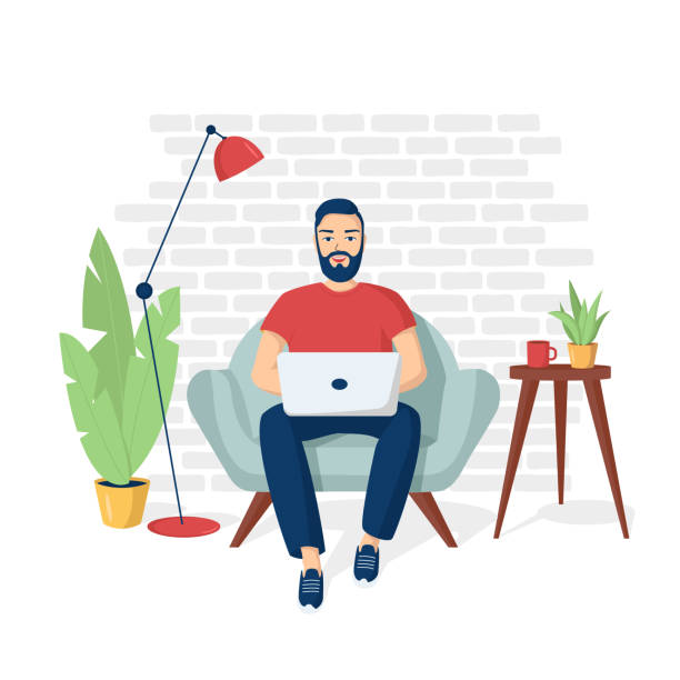 Young happy smiling man in is sitting in a chair with a laptop. Remote work from home. Freelancer programmer coding with laptop. Vector  illustration Young happy smiling man in is sitting in a chair with a laptop. Remote work from home. Freelancer programmer coding with laptop. Vector  illustration of programmer coding, freelance surfing the net stock illustrations