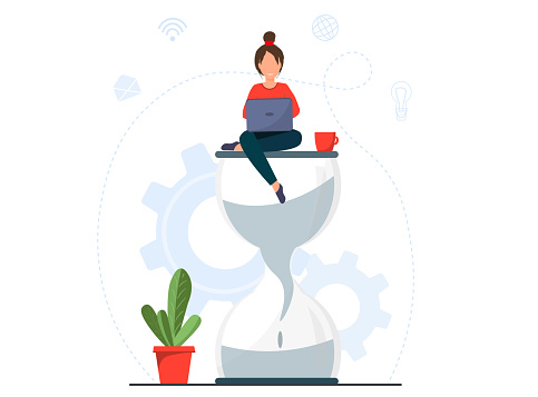 Young happy woman, student sitting with laptop on the hourglass on the background, working at home concept, freelance work concept, studying, education, work from home, flat vector illustration