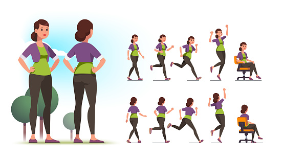 Young healthy sportswoman person poses, various actions set. Front and back views collection. Fit woman standing in park, walking, jogging, running, jumping, sitting in chair. Flat vector character illustration