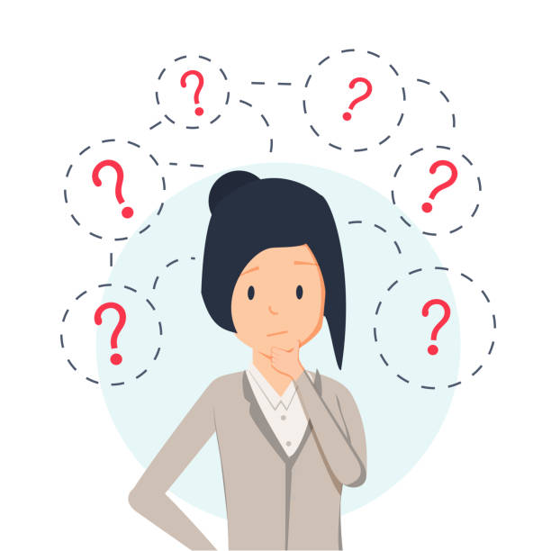 Young hipster business woman thinking standing under question marks. Vector flat cartoon illustration character icon. Young hipster business woman thinking standing under question marks. Vector flat cartoon illustration character icon. Business woman surrounded by question marks concept. Women think entrepreneur backgrounds stock illustrations