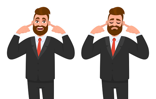 Young hipster businessman covering his ears with fingers, eyes closed. Trendy bearded person closing or plugging for loud noise. Male character design illustration. Modern lifestyle in vector cartoon.