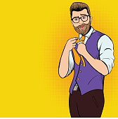 Young hipster man comics character. Single illustration on the yellow pop-art style background