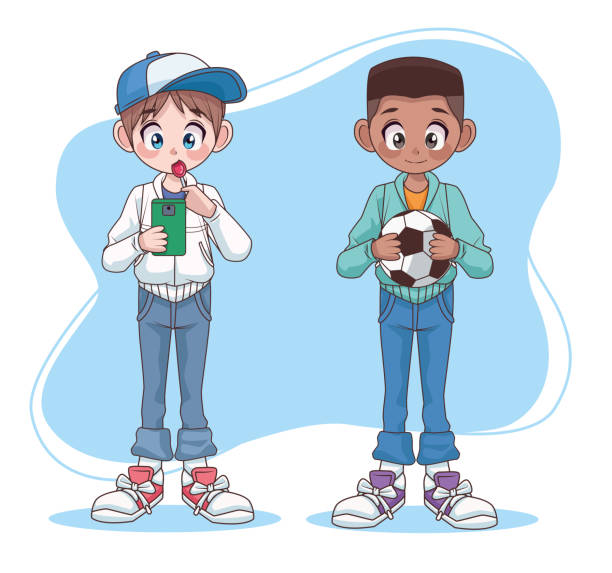 young interracial teenagers couple boys kids characters young interracial teenagers couple boys kids characters vector illustration design drawing of a cute little anime boy stock illustrations