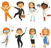 Young kids boys and girls of different professions. Policeman and painter, chemist male kid. Vector illustration