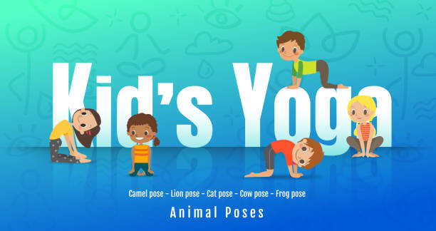 ilustrações de stock, clip art, desenhos animados e ícones de young kids in different yoga poses, children doing yoga with animal posture. vector cartoon illustration. - yoga crianças