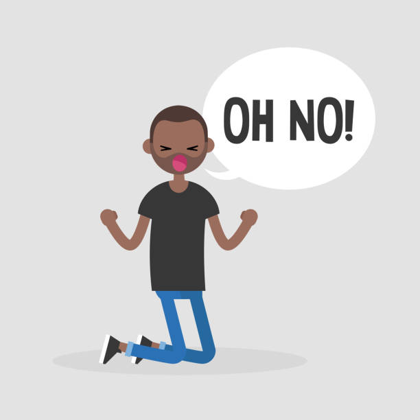 Young kneeling character yelling "oh no". Failure, conceptual illustration. Flat editable vector illustration, clip art Young kneeling character yelling "oh no". Failure, conceptual illustration. Flat editable vector illustration, clip art cartoon man with complaint with speech bubble stock illustrations