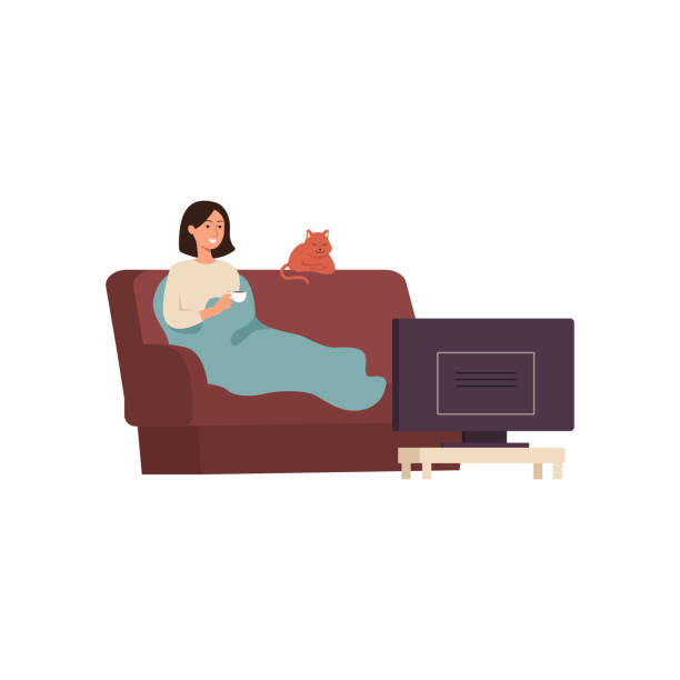 illustrazioni stock, clip art, cartoni animati e icone di tendenza di giovane donna solitaria che guarda la tv con la sua illustrazione vettoriale di cartoni animati piatta gatto. - sofa