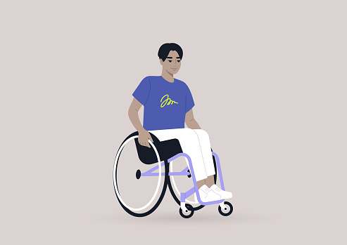 A young male Asian character on a wheelchair, inclusivity in daily life