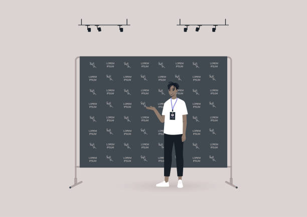 A young male Black character standing in front of a black press wall background covered with a logo pattern, a press conference event A young male Black character standing in front of a black press wall background covered with a logo pattern, a press conference event entrepreneur borders stock illustrations