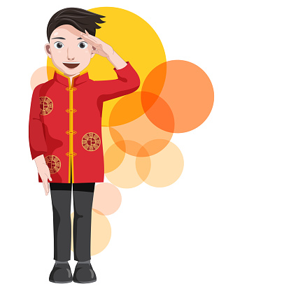 Young male cartoon characters wearing red Chinese New Year costumes make greetings with hand gestures that resemble police or military poses isolated on white backgrounds