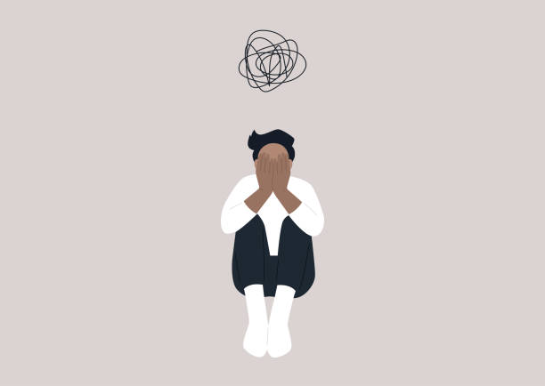 A young male character covering their face with hands, a desperate situation, racism, stress and anxiety, mental health issues vector art illustration
