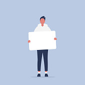 Young male character holding a sheet of white paper. Copy space. Your text here, template. Flat editable vector illustration, clip art