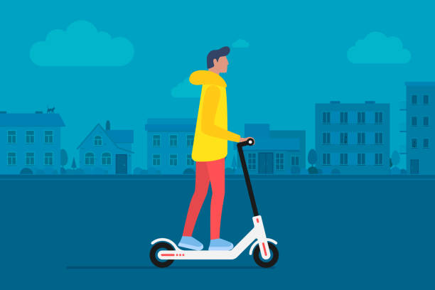illustrazioni stock, clip art, cartoni animati e icone di tendenza di giovane personaggio maschile in sella al moderno scooter elettrico per il trasporto urbano. tecnologie attive di ecologia dello stile di vita millenario per adulti hipster. illustrazione vettoriale piatta sullo sfondo del paesaggio urbano - electric scooter