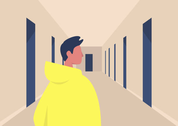 廊下に立つ若い男性キャラクター、ドア付きの空の建物ホール - 退院点のイラスト素材／クリップアート素材／マンガ素材／アイコン素材