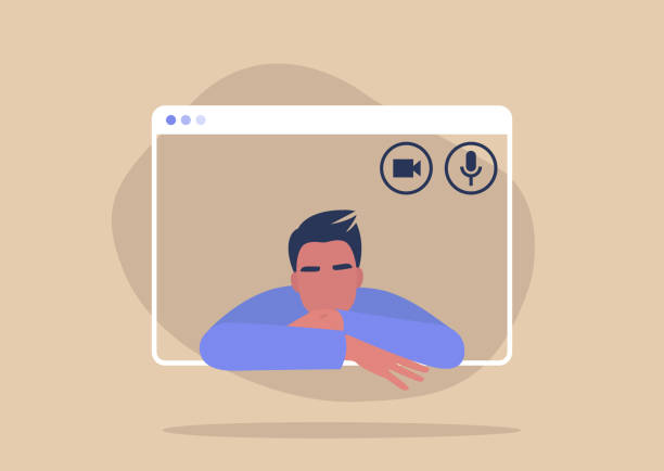 Young male character using a video call interface, remote online meeting, social distancing, working from home Young male character using a video call interface, remote online meeting, social distancing, working from home human joint stock illustrations