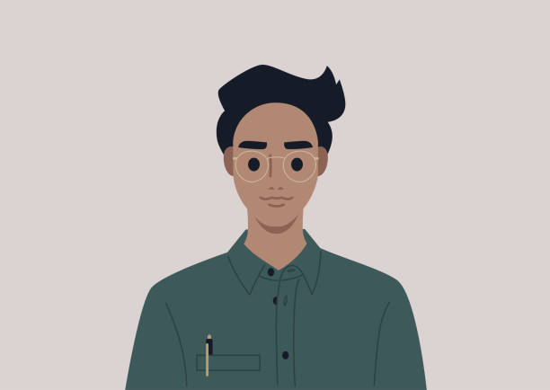 A young male character wearing a button down shirt and metal frames, a smart casual office dress code vector art illustration