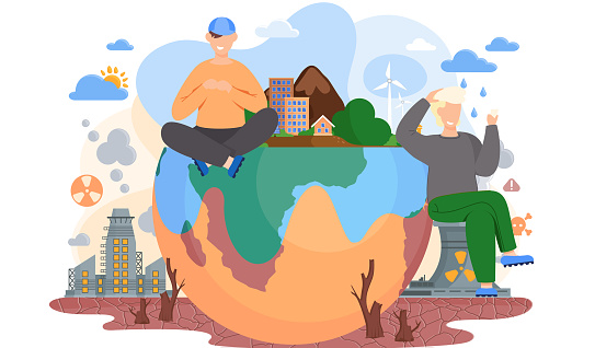 Young male characters sitting on the globe standing on ground with cracks, environmental pollution theme with stumps of cut trees to build cities, factories pollute the air with smoke flat vector