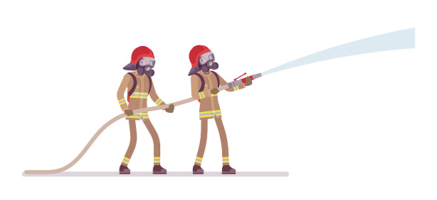 Young male firefighters with water hose