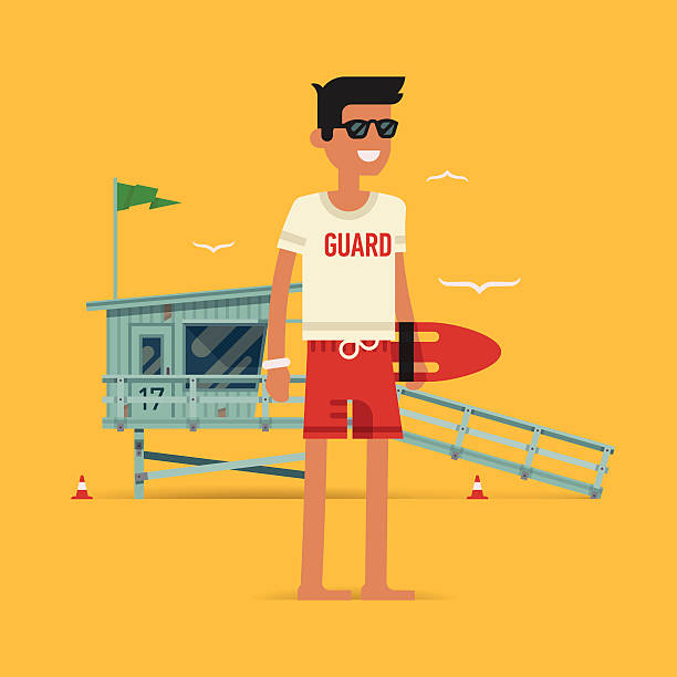 Young male lifeguard standing full length illustration Cool vector modern flat character design on young male lifeguard standing full length holding rescue buoy with lifeguard tower in background lifeguard stock illustrations