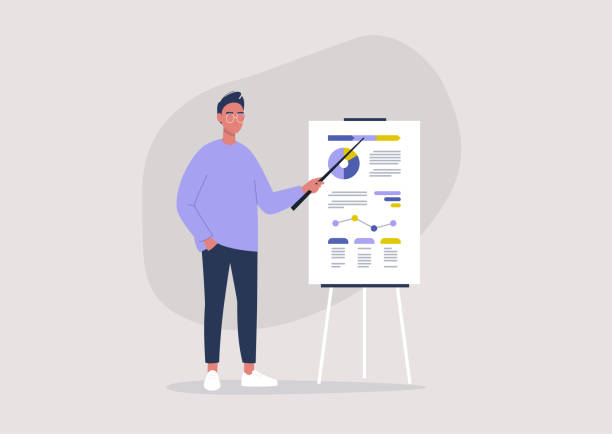 A young male manager presenting a project, statistics, infographics, big data, millennials at work A young male manager presenting a project, statistics, infographics, big data, millennials at work marketing silhouettes stock illustrations