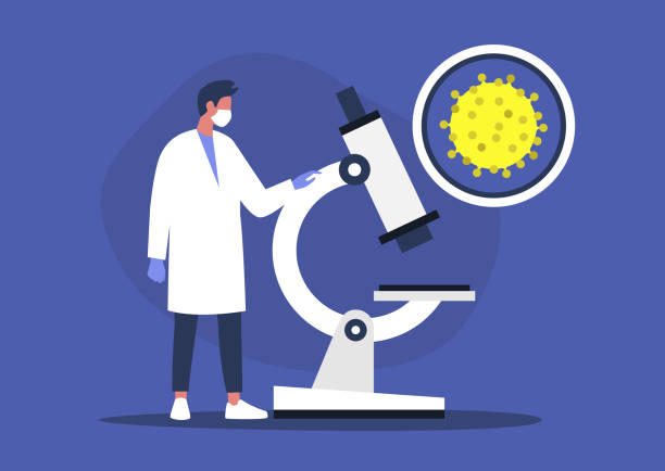 Young male scientist looking through the microscope, lab research,  coronavirus pandemic Young male scientist looking through the microscope, lab research,  coronavirus pandemic laboratory silhouettes stock illustrations