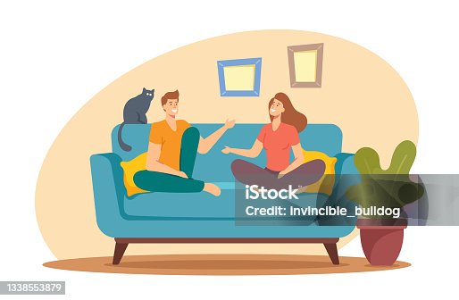 istock Young Man and Woman Characters Sitting on Sofa at Home Having Active Conversation. People Chatting, Discussing, Family 1338553879