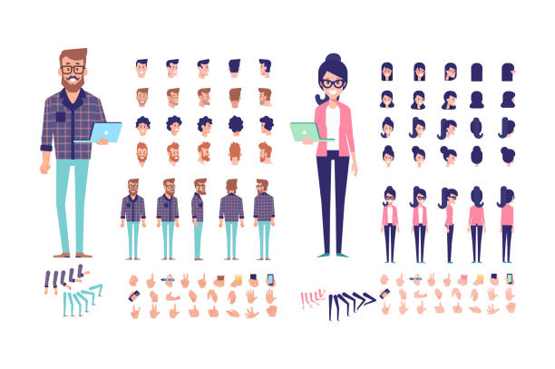 Young Man and woman programmers creation set with various views, hairstyles, lip synching, emotions, poses and gestures. Front, side, back, 3/4 view animated character. Separate body parts. Cartoon style, flat vector illustration. characters stock illustrations