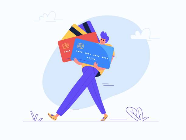 Young man carrying some heavy credit cards Young man carrying some heavy credit cards. Flat modern concept vector illustration of burden of credit cards and bank fees during life. Casual consumer with plastic cards on white background debt stock illustrations