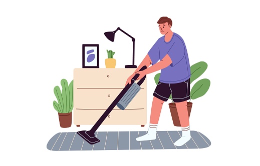 Young man cleaning floor and carpet with cordless vacuum cleaner. Person doing home cleanup using domestic appliance in apartment room. Colored flat vector illustration isolated on white background.