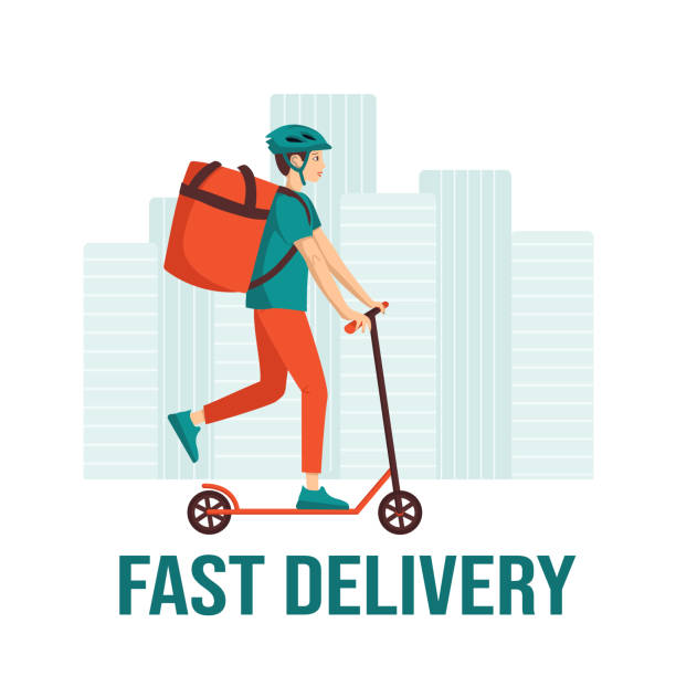 ilustrações de stock, clip art, desenhos animados e ícones de young man courier on a scooter. the concept of environmentally friendly fast delivery of food, products, parcels. city landscape. vector illustration in a flat style. - trotinetes
