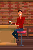 Young man drinking beer in pub vector illustration. Cheerful guy sitting at bar counter. Happy cartoon character holding glass of alcoholic beverage. Handsome caucasian man with pint beer glass