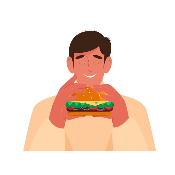 illustrations, cliparts, dessins animés et icônes de jeune homme mangeant et tenant un hamburger. illustration vectorielle dans un style plat, concept de restauration rapide - eating burger