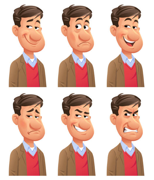 Vector illustration of a young man with six different facial expressions: smiling, stunned/surprised, laughing, sad, mean/ smirking and furious. Portraits perfectly match each other and can be easily used for facial animation by simply putting them in layers on top of each other.