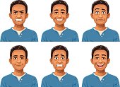 Vector illustration of a young man with six different facial expressions: laughing, smiling, angry, sceptic/puzzled, anxious and neutral.