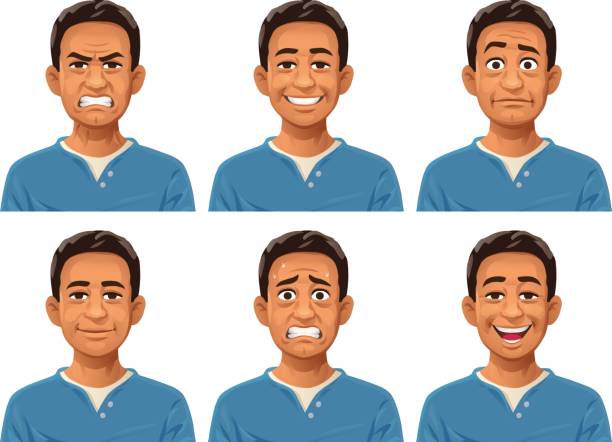 Young Man Facial Expressions Vector illustration of a young man with six different facial expressions: laughing, smiling, angry, sceptic/puzzled, anxious and neutral. worried man funny stock illustrations