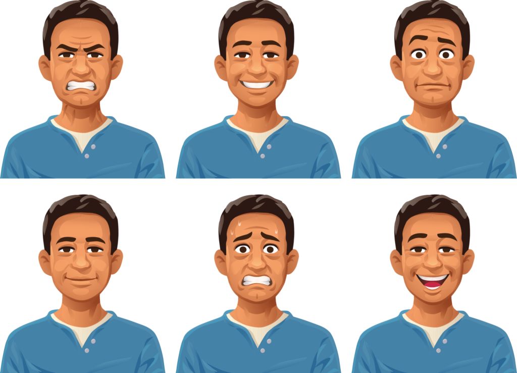 Ilustrasi vektor seorang pemuda dengan enam ekspresi wajah yang berbeda: tertawa, tersenyum, marah, skeptis / bingung, cemas dan netral.