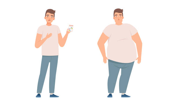 Young Man Having Bad Habits Holding Drug Pills and with Excess Weight Vector Set Young Man Having Bad Habits Holding Drug Pills and with Excess Weight Vector Set. Male Leading Unhealthy Lifestyle Concept obesity stock illustrations