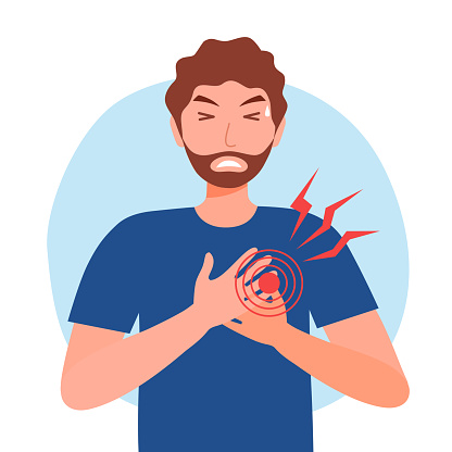 Young man having heart disease symptom in flat design on white background. Heart attack concept vector illustration.