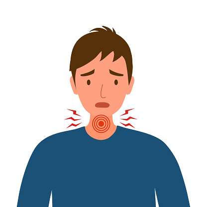 Young man having sore throat symptom from virus or bacteria in flat design on white background.